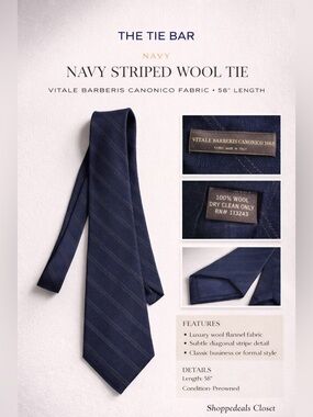 The Tie Bar Navy Striped Wool Tie Made in Italy Fabric